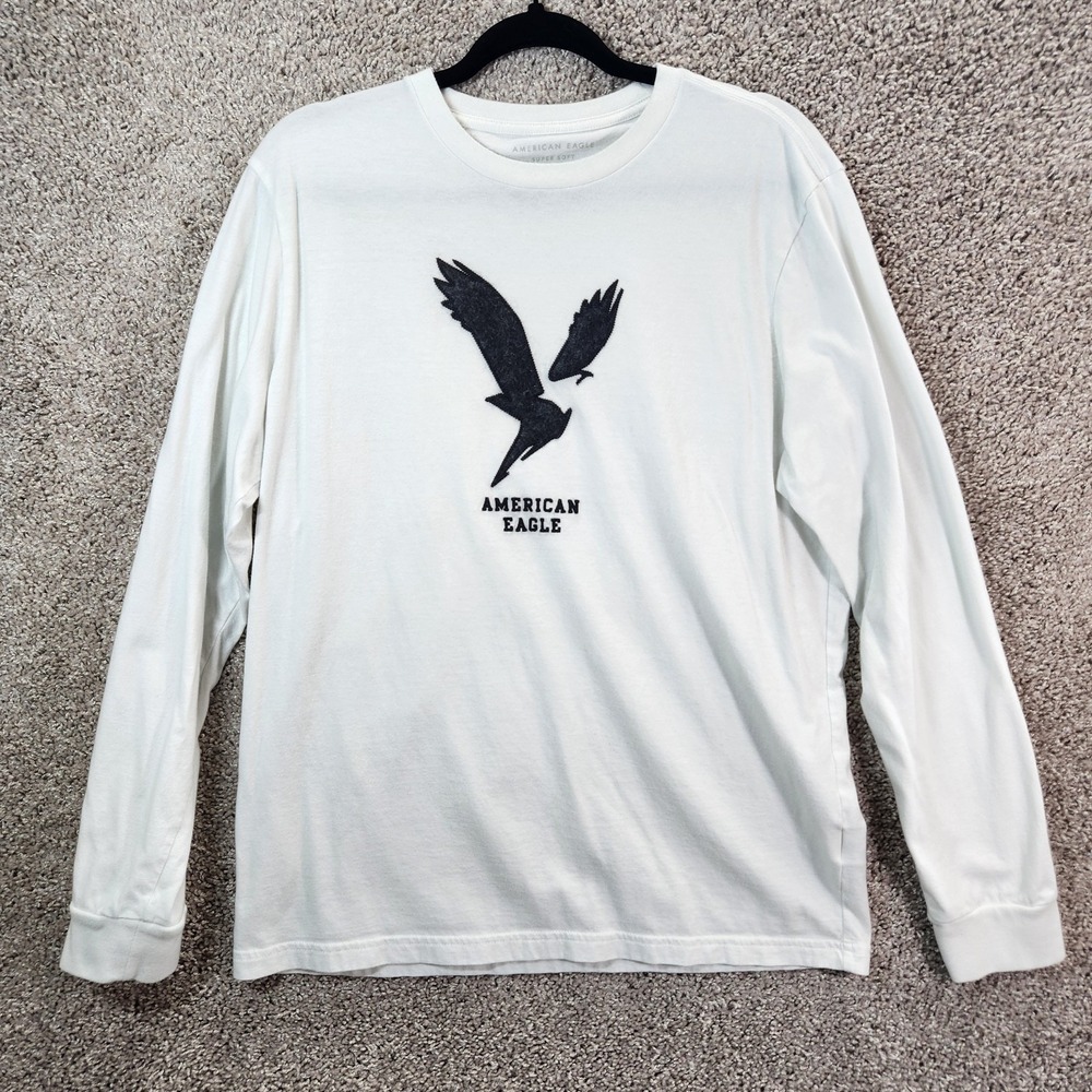 American Eagle T-Shirt Men Medium White Super Soft Standard Fit Embroidered Logo